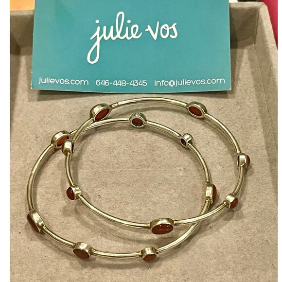 Julie Vos Silver Bangles Set of 2 Medium Carnelian Stone Boho stacking bracelet - Picture 3 of 8